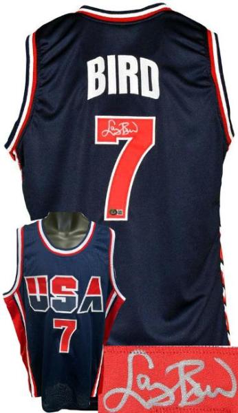 CTBL-042840 Larry Bird Signed Team USA Navy TB Custom Stitched Basketball Jersey - Extra Large - Beckett Witnessed