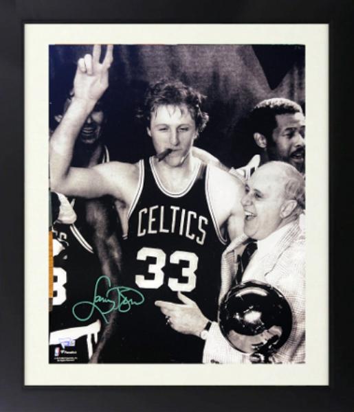 Picture of RDB Holdings & Consulting CTBL-F42401 Larry Bird Signed Boston Celtics Cigar Celebration Black & White NBA Licensed Custom Framing 16 x 20 in. Photo- Fanatics Holo with NBA Trophy