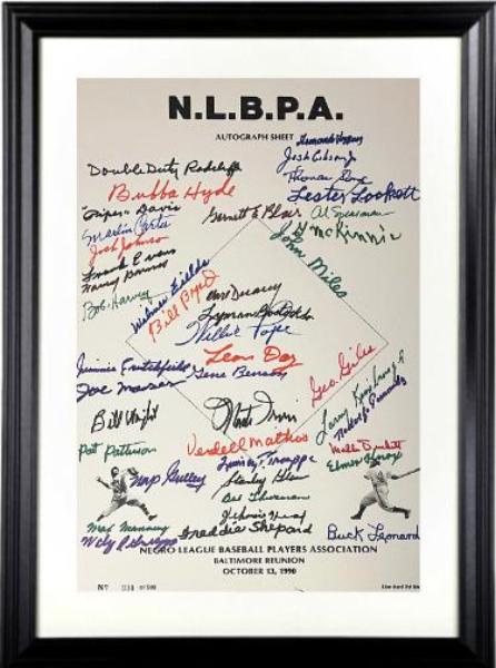Picture of RDB Holdings & Consulting CTBL-f42774 Negro League - N.L.B.P.A Signed 1990 Reunion Sheet 43 Sigs Custom Framing 11 x 17 in. Poster - Beckett Leonard&#44; Radcliff&#44; Fields & Day