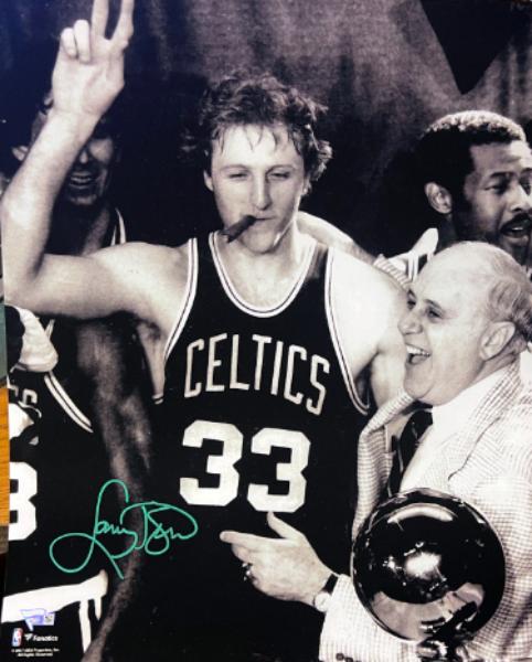 Picture of RDB Holdings & Consulting CTBL-042401 Larry Bird Signed Boston Celtics Cigar Celebration Black & White NBA Licensed 16 x 20 in. Photo - Fanatics Holo with NBA Trophy & Red Auerbach