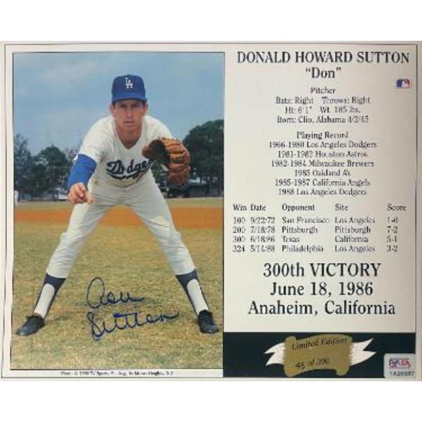 CTBL-042828 Don Sutton Signed Los Angeles Dodgers MLB Licensed 300th Victory June 18, 1986 8 x 10 in. Photo & Card - 300 - Imperfect - PSA