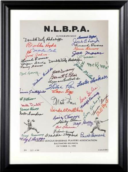 Picture of RDB Holdings & Consulting CTBL-f42775 Negro League - N.L.B.P.A Signed 1990 Reunion Sheet 45 Sigs Custom Framing 11 x 17 in. Poster - Beckett Leonard&#44; Radcliff&#44; Fields&#44; Day