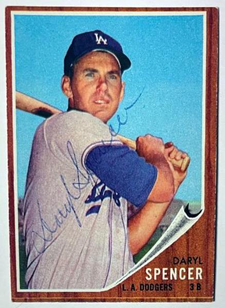 CTBL-042039 Daryl Spencer Signed 1962 Topps On Auto No.197 Card - COA - Los Angeles Dodgers