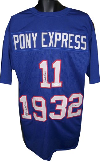 Picture of Athlon CTBL-014561N Eric Dickerson Signed Pony Express Blue Custom Stitched Football Jersey with Craig James & Lance McIlhenny- JSA Hologram&#44; Extra Large