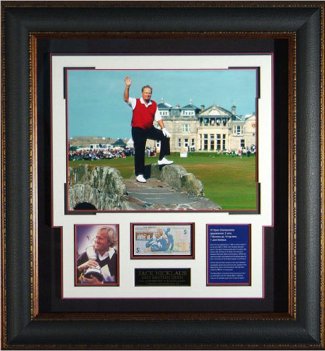 CTBL-010913 Jack Nicklaus Unsigned Farwell At St. Andrews Photo Leather Framed with British Pound Note - 16 x 20