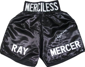 Picture of Athlon CTBL-013317 Ray Mercer Signed Black Satin Boxing Trunks with Merciless - 1988 Seoul Olympic Gold