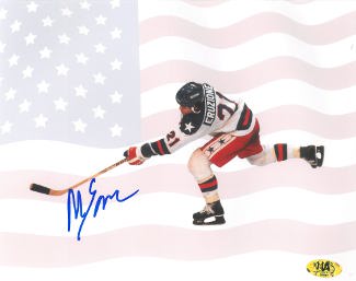 Picture of Athlon CTBL-014228 Mike Eruzione Signed 1980 Team USA Olympic Hockey Photo with Flag - Game Winning Goal Miracle on Ice vs Soviet Union - 16 x 20