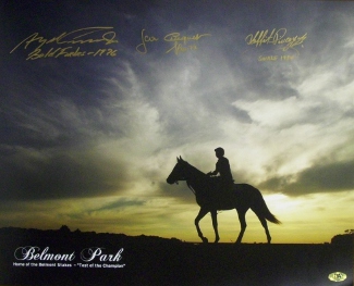 CTBLb13387 Bold Forbes Signed Belmont Stakes Winners Belmont Park Sunrise Horse Racing Photo with 3 Signatures  16 x 20