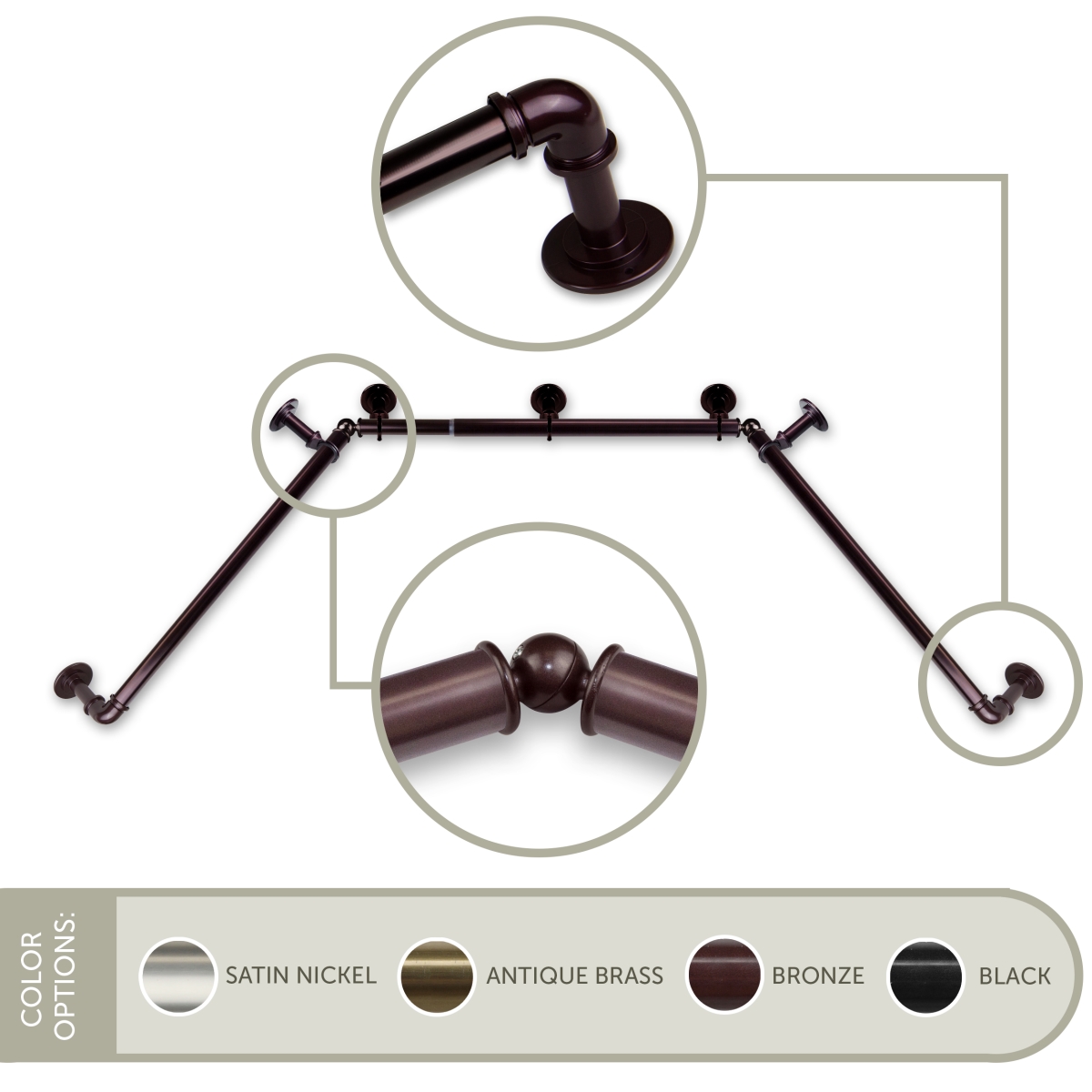 DP100-Bay-9 1 in. Pipe Bay Window Curtain Rod, Bronze - Side Rod Extends Upto 23 to 41 in. & Center Rod Extends Upto 41 to 78 in.