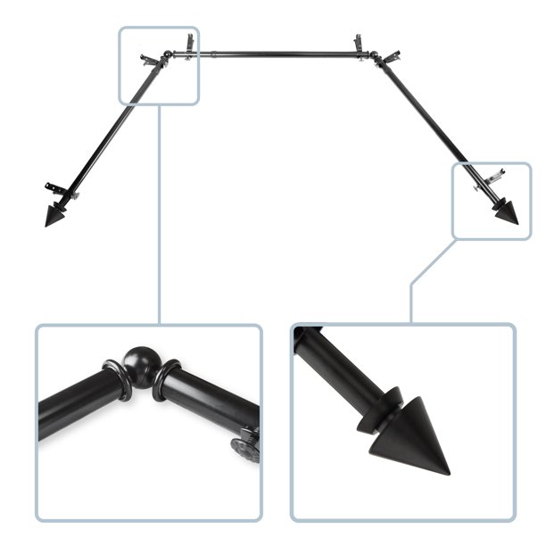 ABAY-65-2D 0.8125 in. Jacob Bay Window Double Curtain Rod with Side Rod Extends Upto 20 to 36 in. & Center Rod Extends Upto 38 to 72 in., Black