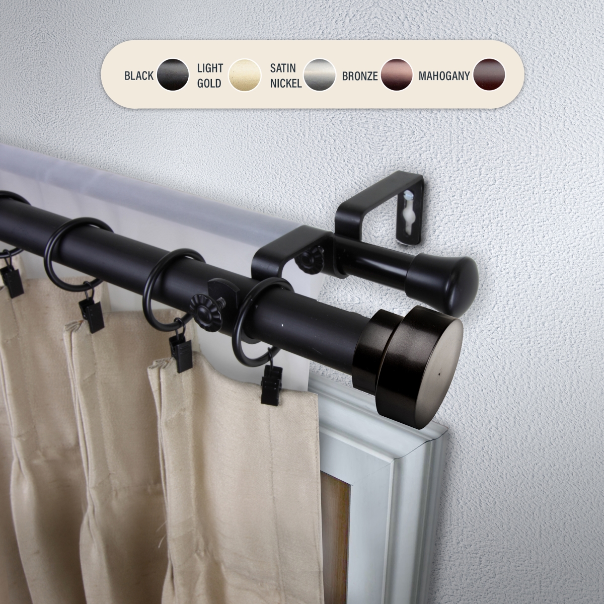 100-37-992-D 1 in. Cover Double Curtain Rod with 120 to 170 in. Extension, Black