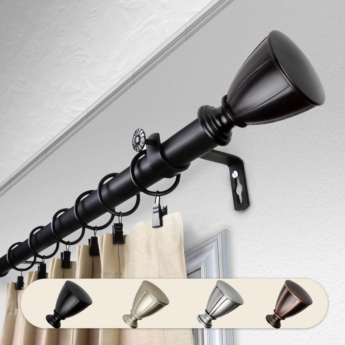 1 in. Dia. Maja Curtain Rod, Black - 120-170 in.