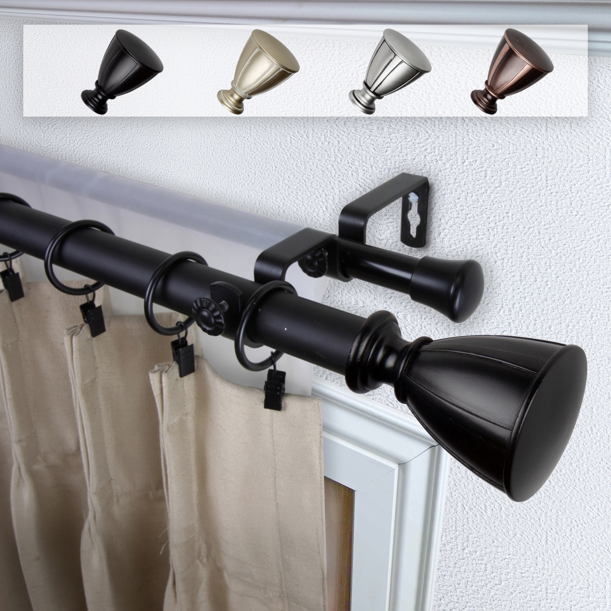 1 in. Dia. Maja Curtain Rod, Black - 28-48 in.