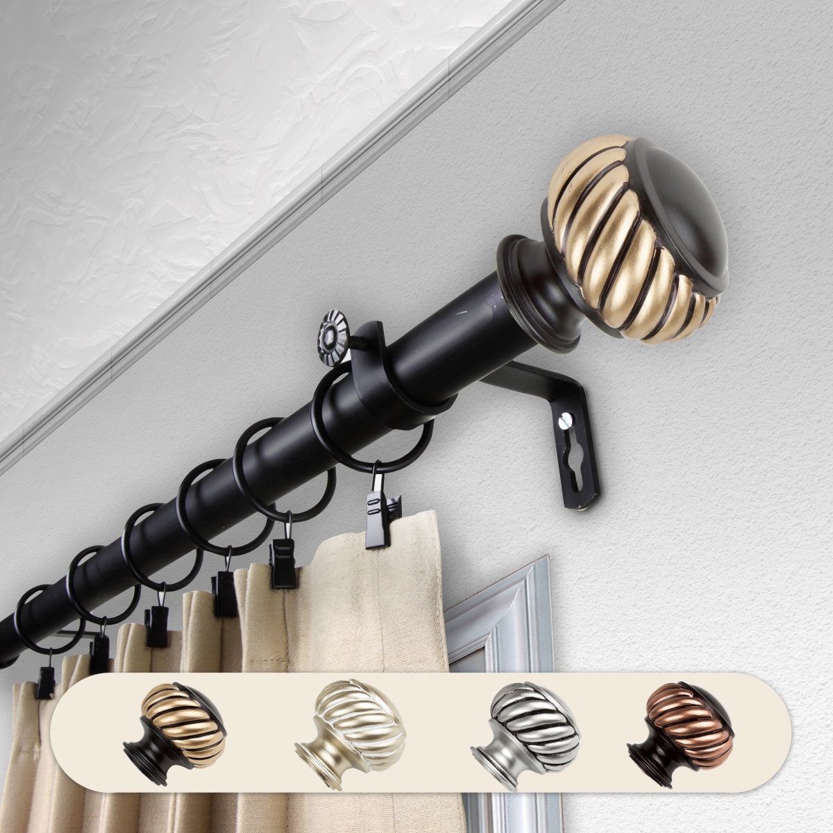 1 in. Dia. Swivel Curtain Rod, Black - 28-48 in.