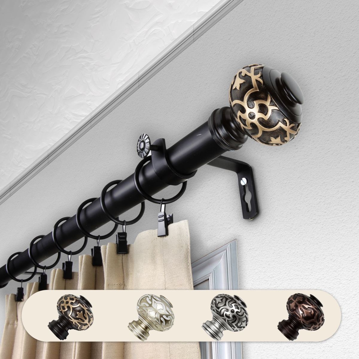 1 in. Dia. Amber Curtain Rod, Black - 160-240 in.