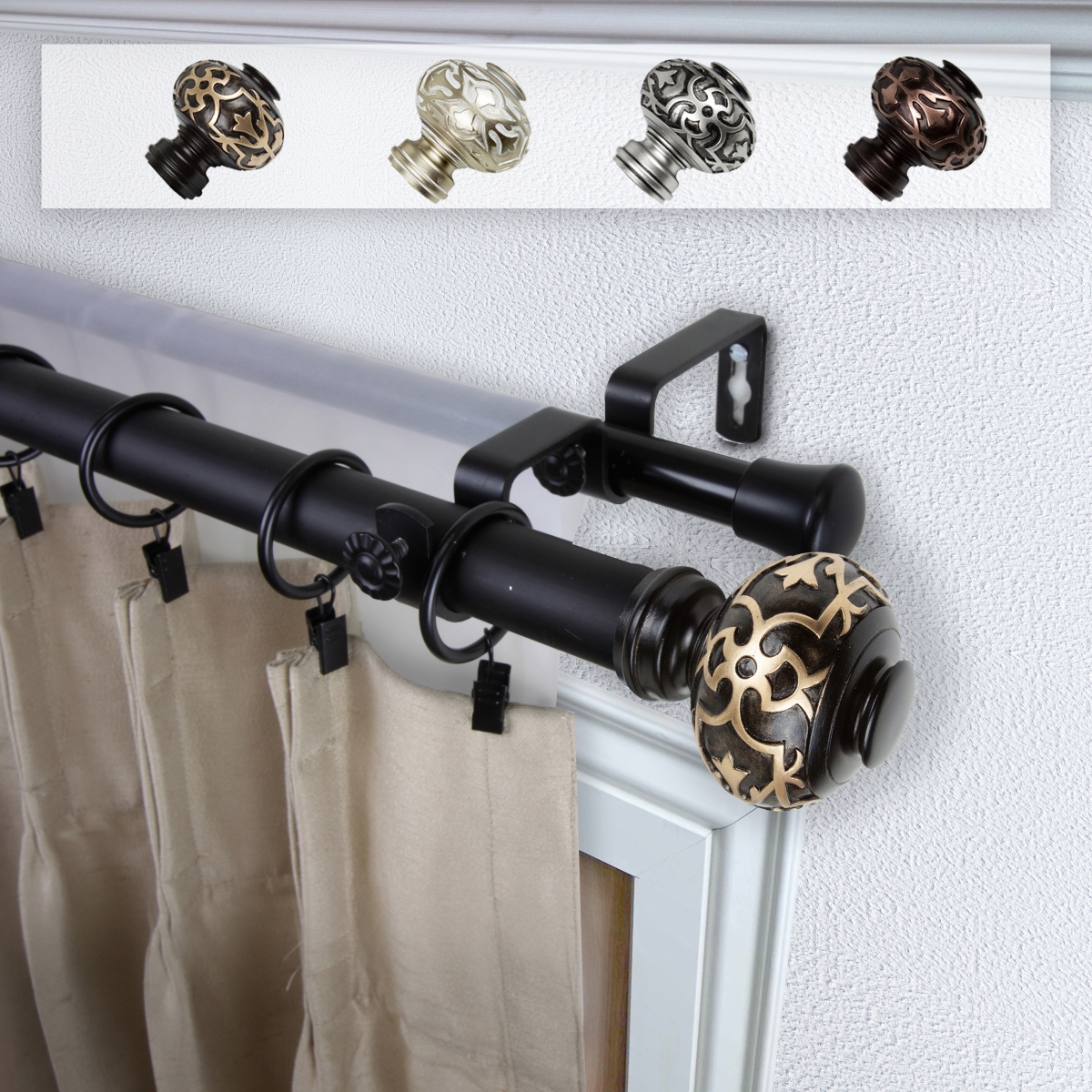 1 in. Dia. Amber Curtain Rod, Black - 28-48 in.