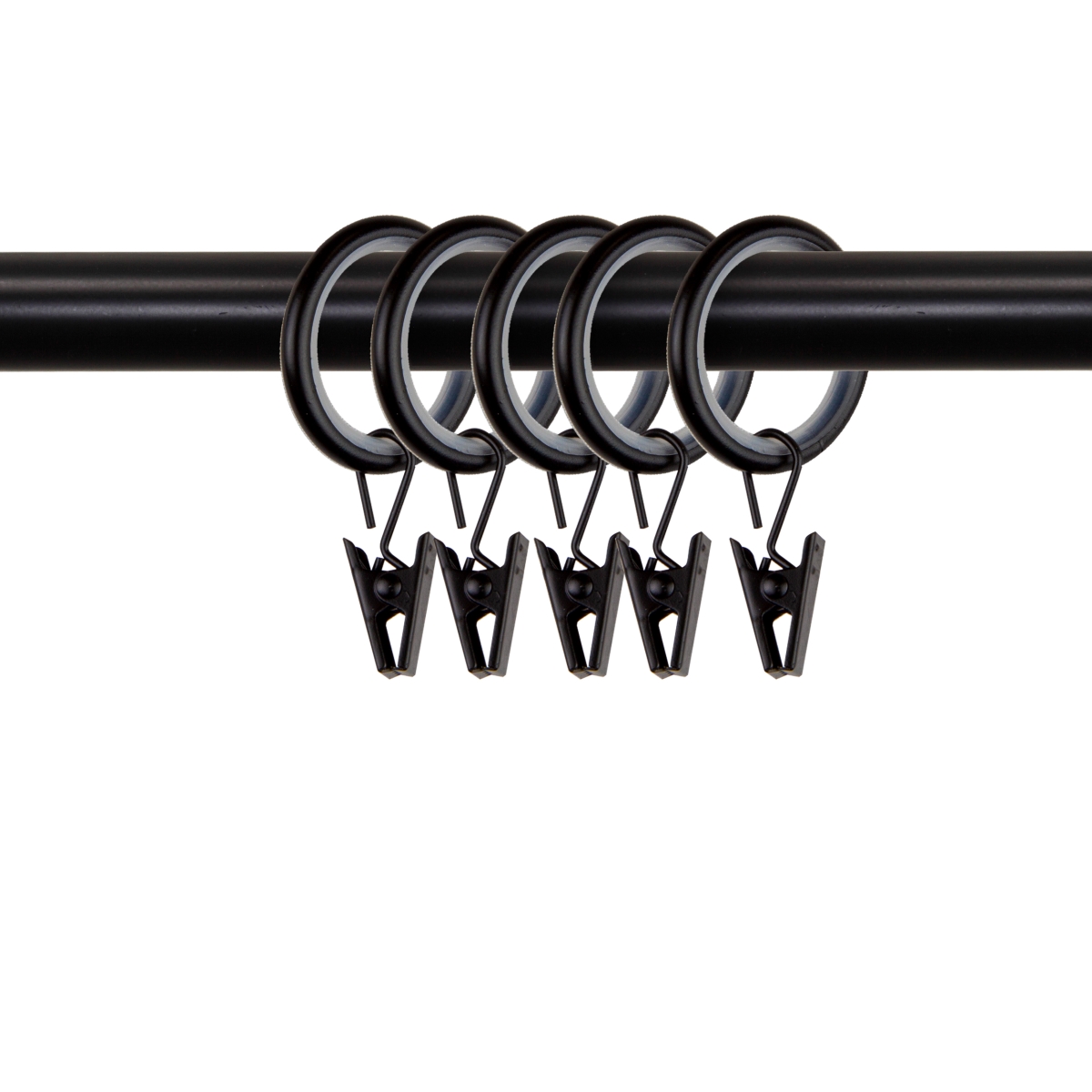 0.875 in. Dia. Noise-Canceling Curtain Rings with Clips, Black