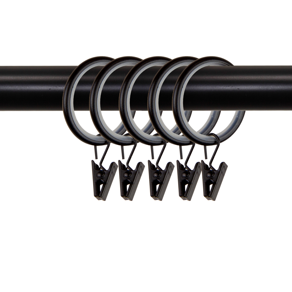 1.25 in. Dia. Noise-Canceling Curtain Rings with Clips, Black