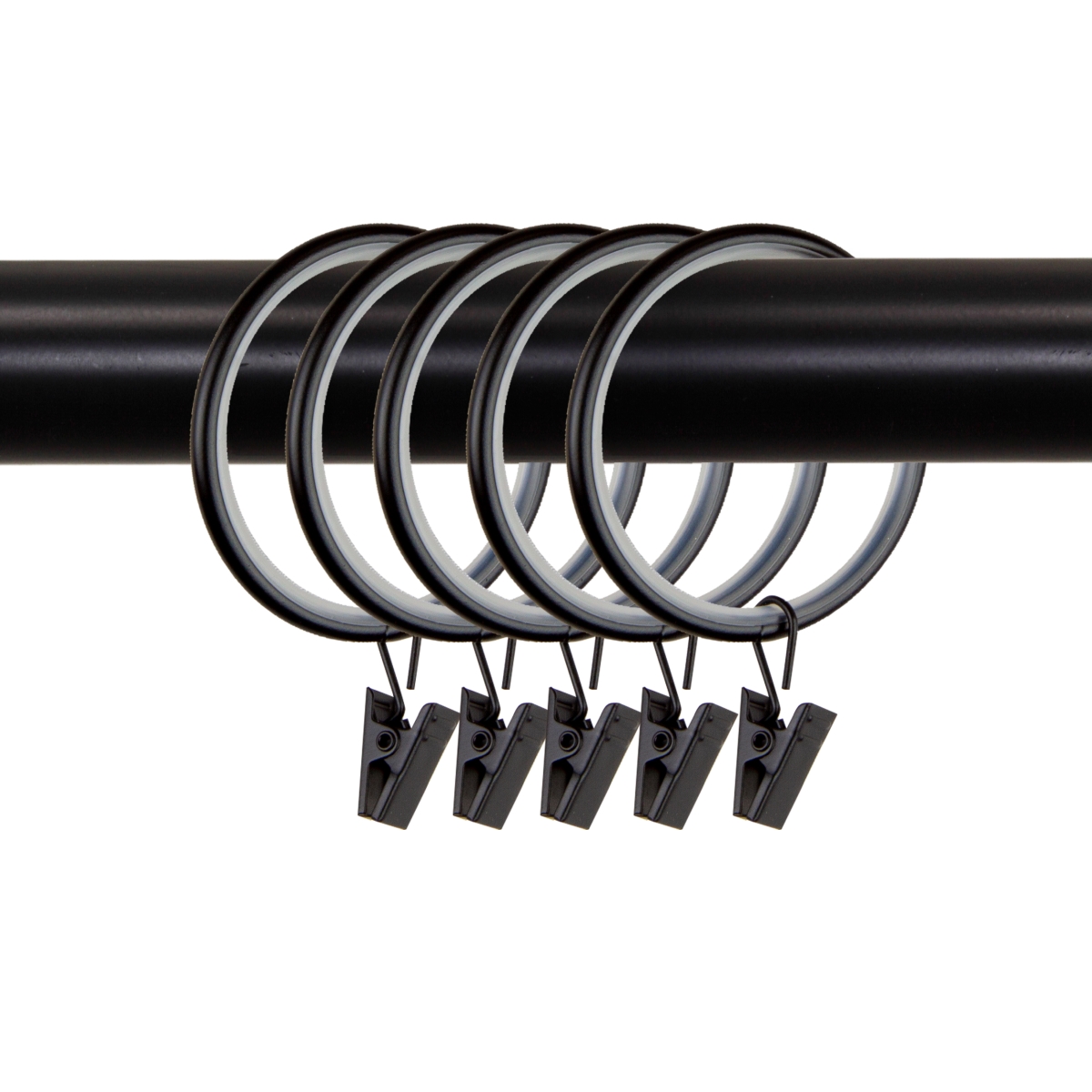 1.875 in. Dia. Noise-Canceling Curtain Rings with Clips, Black