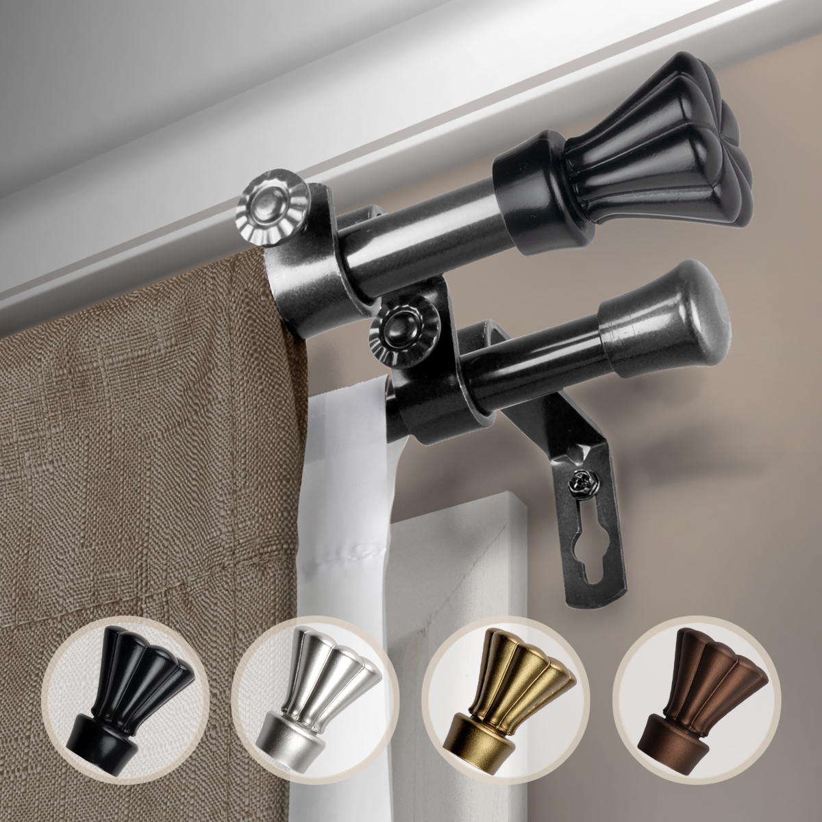 0.625 in. Dia. Pasha Double Curtain Rod, Black - 48-84 in.