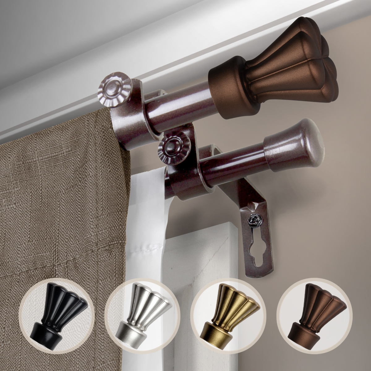 0.625 in. Dia. Pasha Double Curtain Rod, Cocoa - 48-84 in.