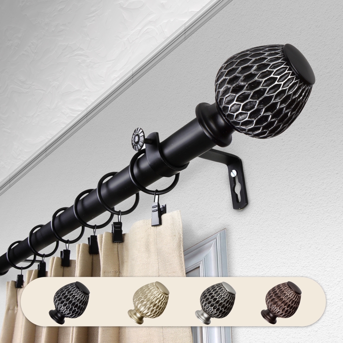 1 in. Dia. Telmo Curtain Rod, Black - 28-48 in.