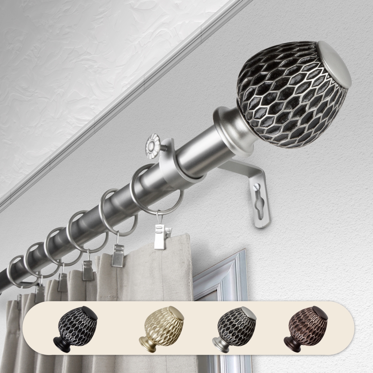 1 in. Dia. Telmo Curtain Rod, Satin Nickel - 48-84 in.