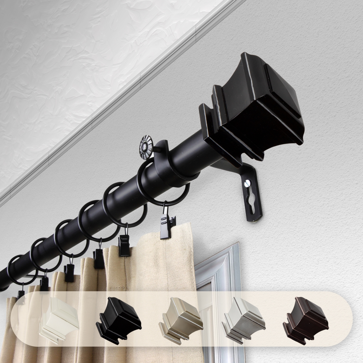 1 in. Dia. Michel Curtain Rod, Black - 48-84 in.
