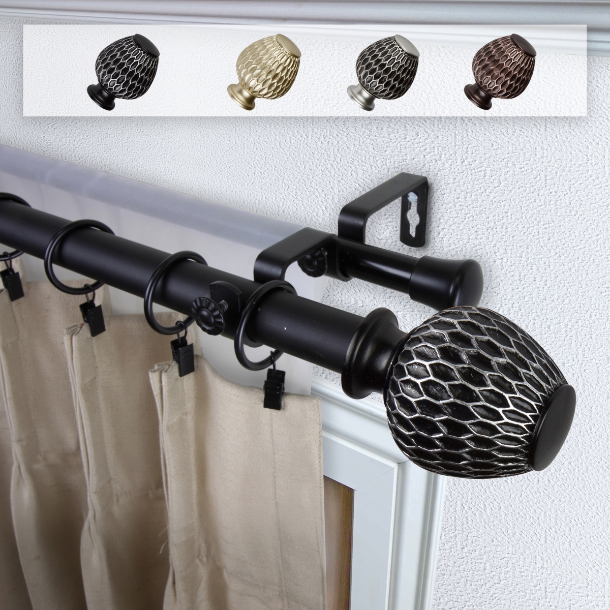 1 in. Dia. Telmo Double Curtain Rod, Black - 48-84 in.