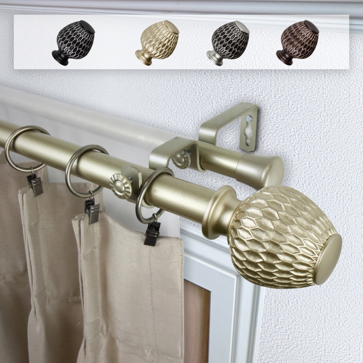 1 in. Dia. Telmo Double Curtain Rod, Light Gold - 28-48 in.