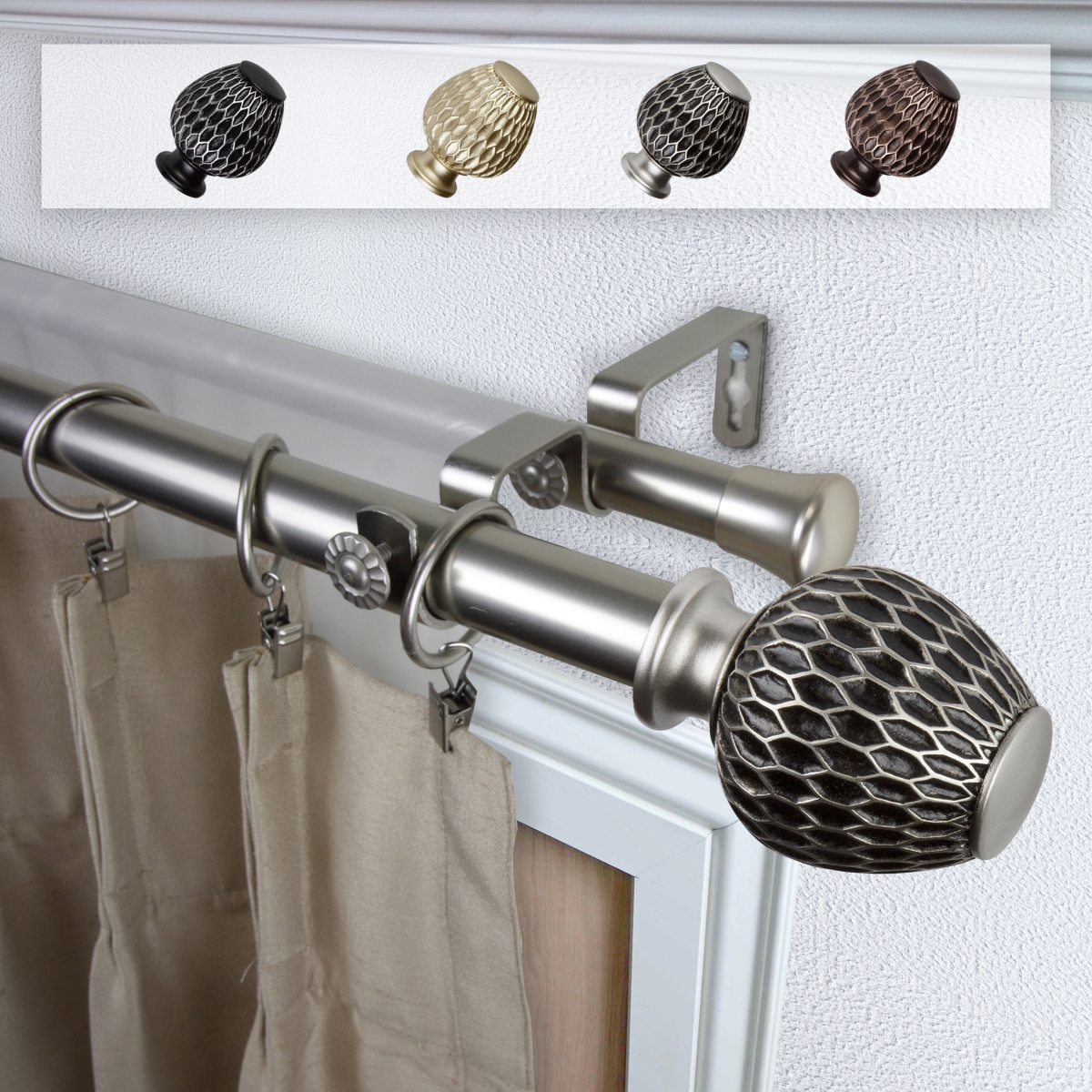 1 in. Dia. Telmo Double Curtain Rod, Satin Nickel - 48-84 in.