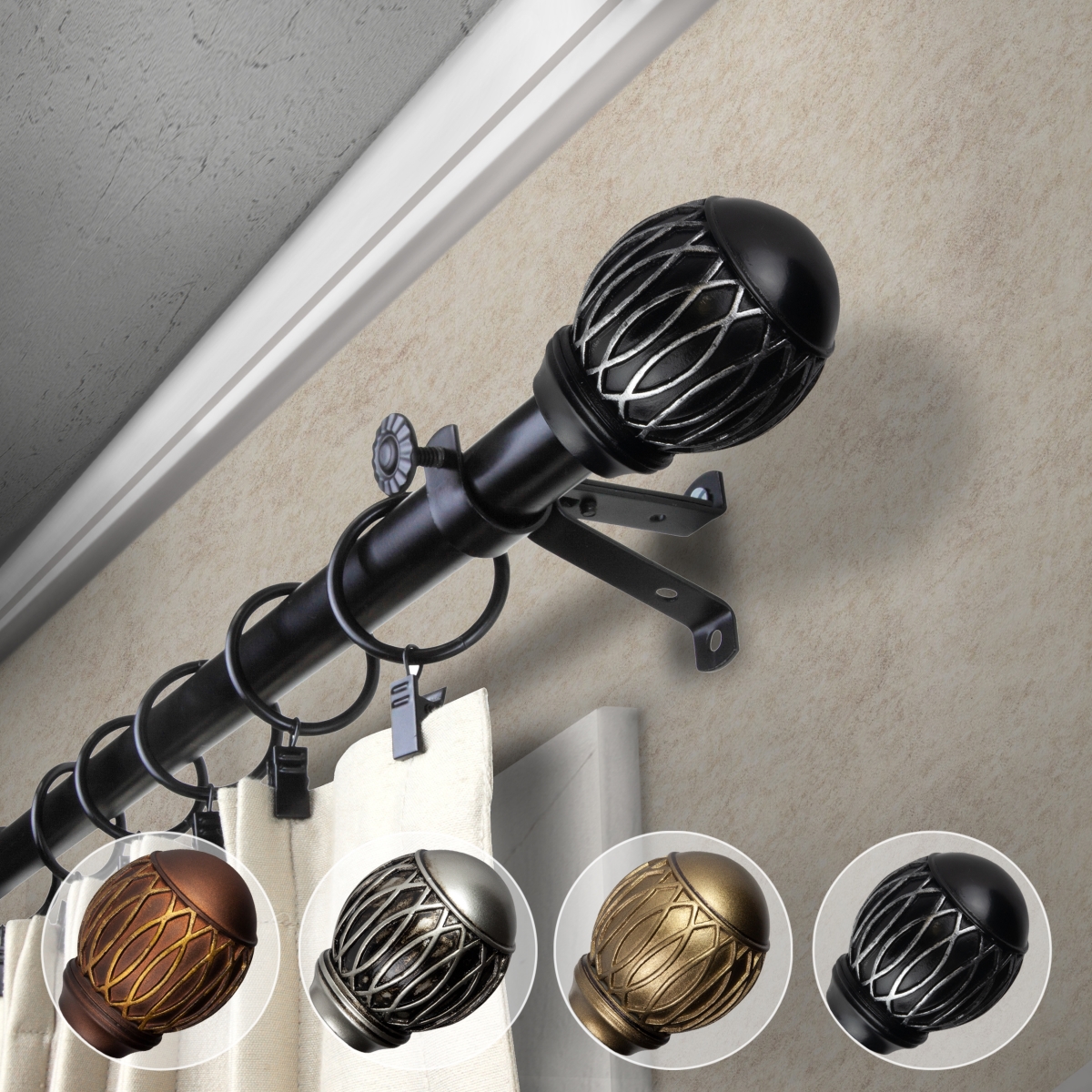 0.812 in. Dia. Denny Curtain Rod, Black - 120-170 in.