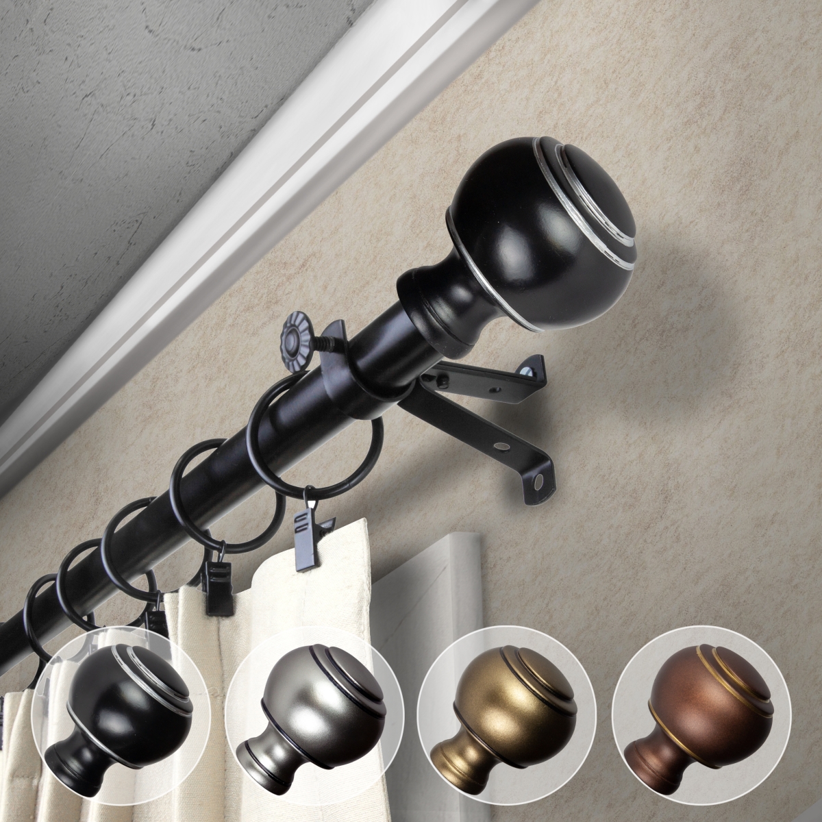 0.812 in. Dia. Hal Curtain Rod, Black - 28-48 in.