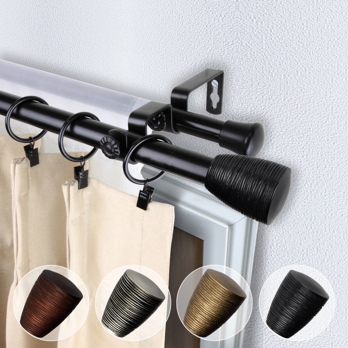 0.812 in. Dia. Anya Double Curtain Rod, Black - 48-84 in.