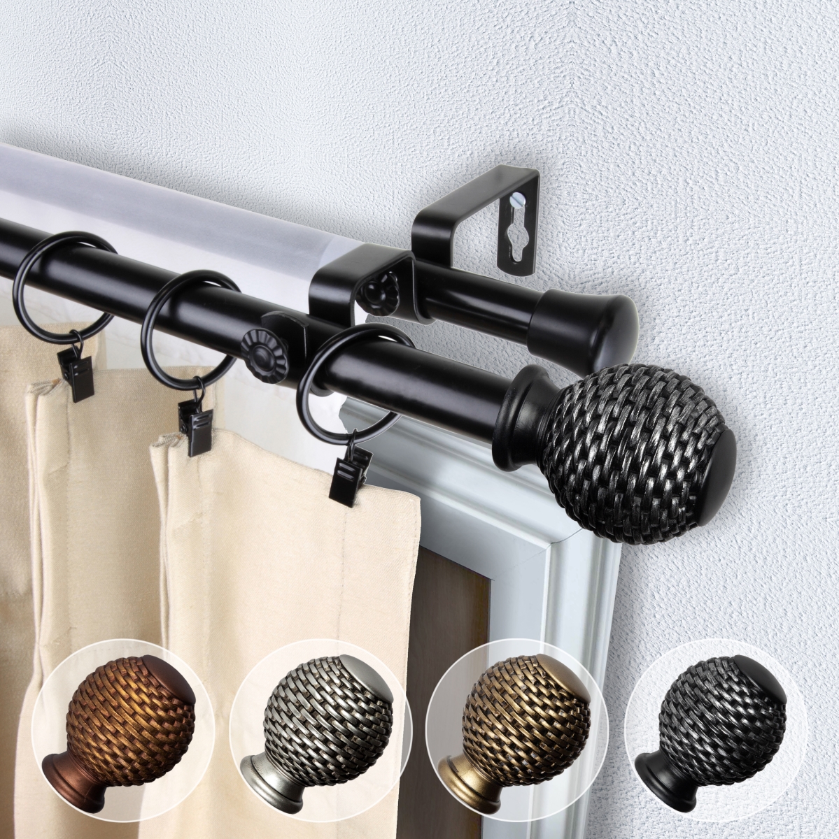 0.812 in. Dia. Vanna Double Curtain Rod, Black - 48-84 in.