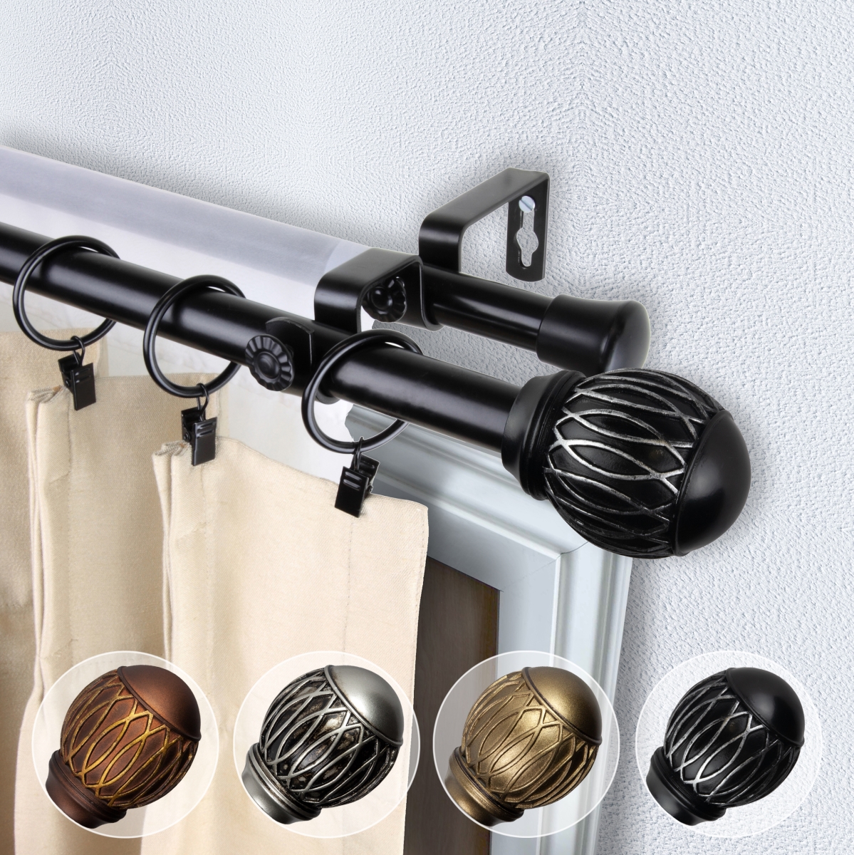 0.812 in. Dia. Denny Double Curtain Rod, Black - 28-48 in.
