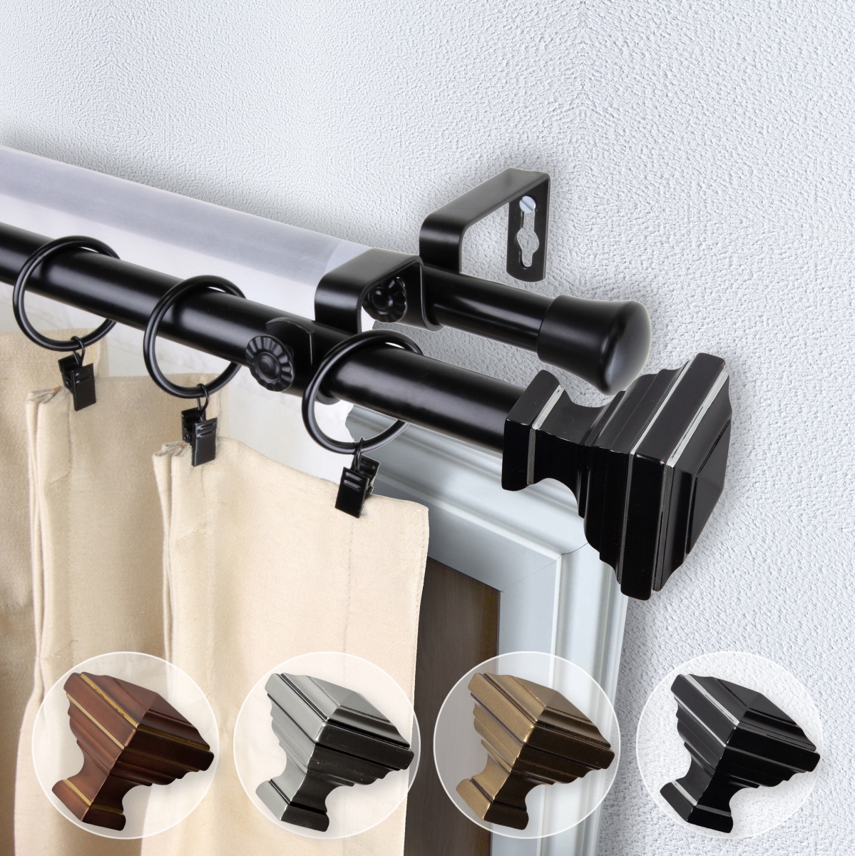 0.812 in. Dia. Kira Double Curtain Rod, Black - 48-84 in.