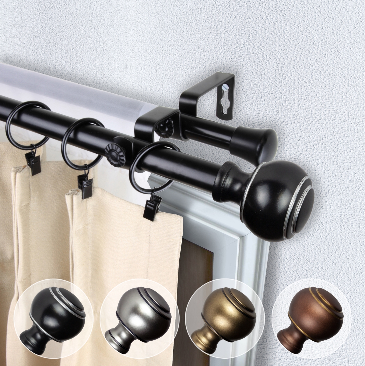 0.812 in. Dia. Hal Double Curtain Rod, Black - 48-84 in.