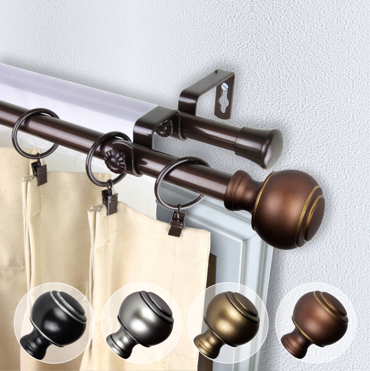 0.812 in. Dia. Hal Double Curtain Rod, Cocoa - 120-170 in.