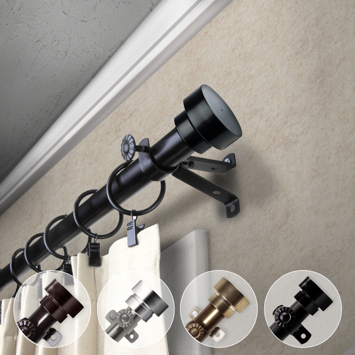 0.812 in. Dia. Cap Curtain Rod, Black - 18-28 in.