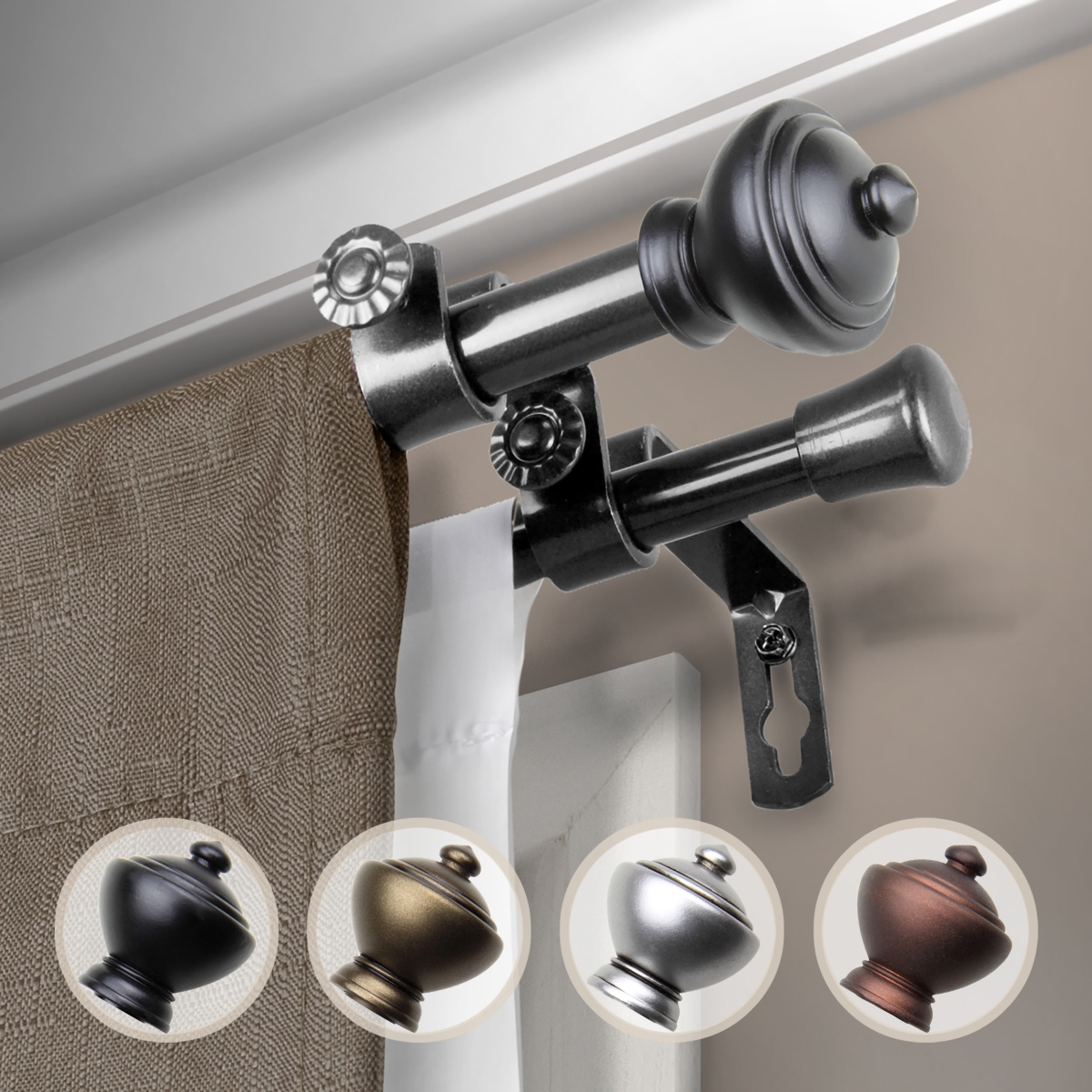 0.625 in. Dia. Logan Double Curtain Rod, Black - 28-48 in.