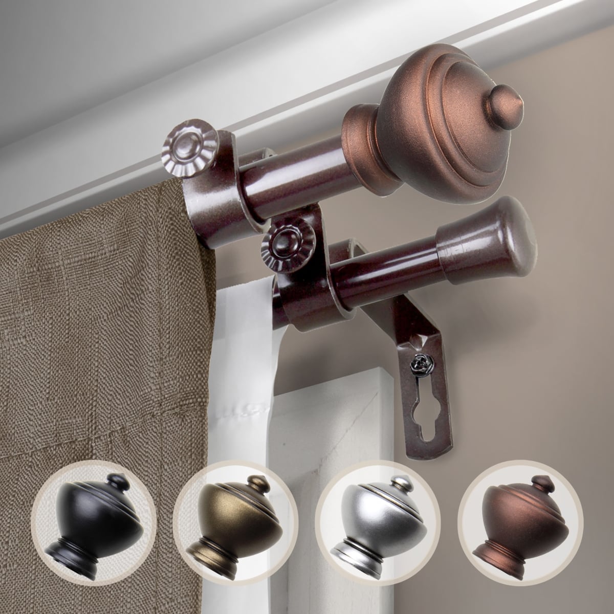 0.625 in. Dia. Logan Double Curtain Rod, Cocoa - 48-84 in.