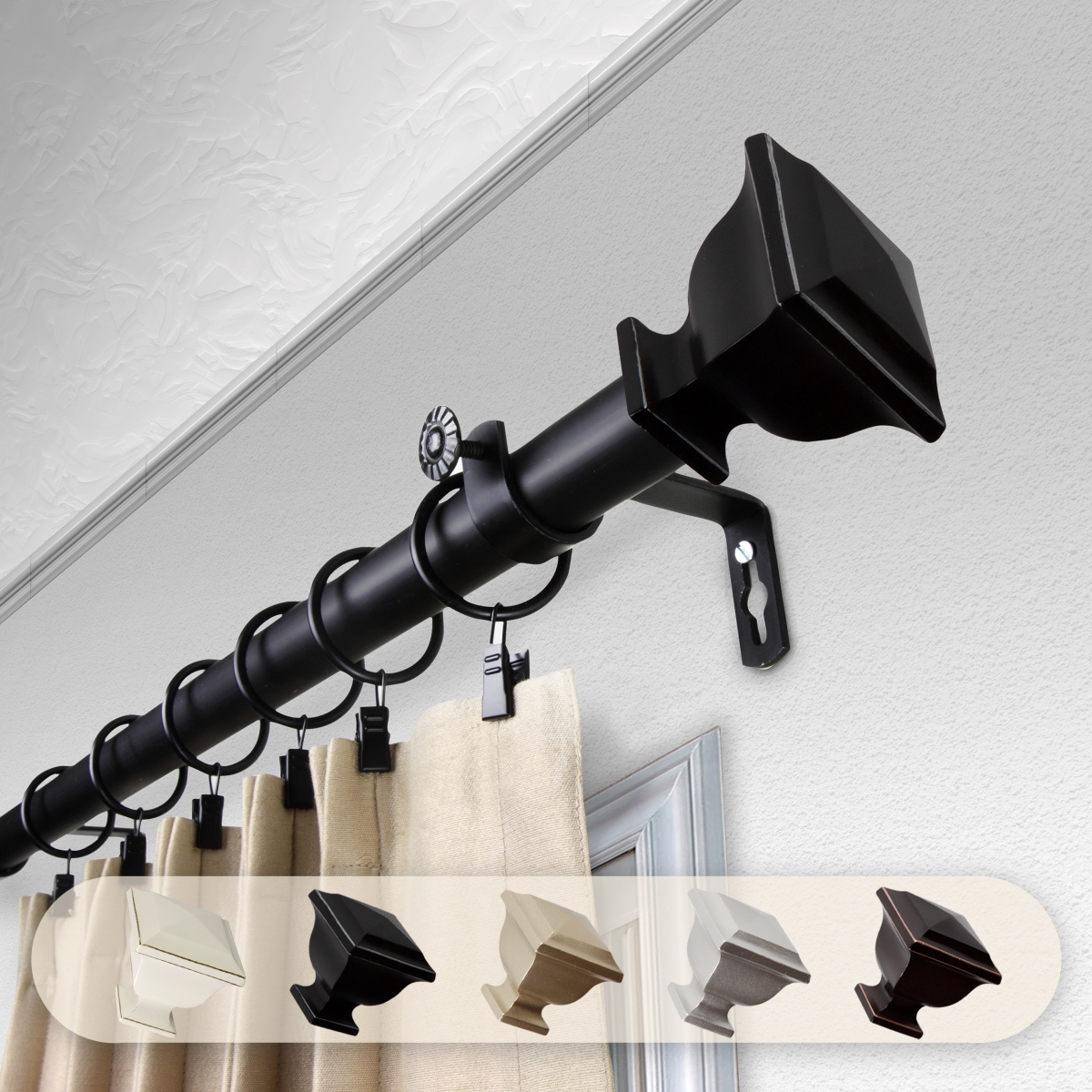 1 in. Dia. Isha Curtain Rod, Black - 48-84 in.