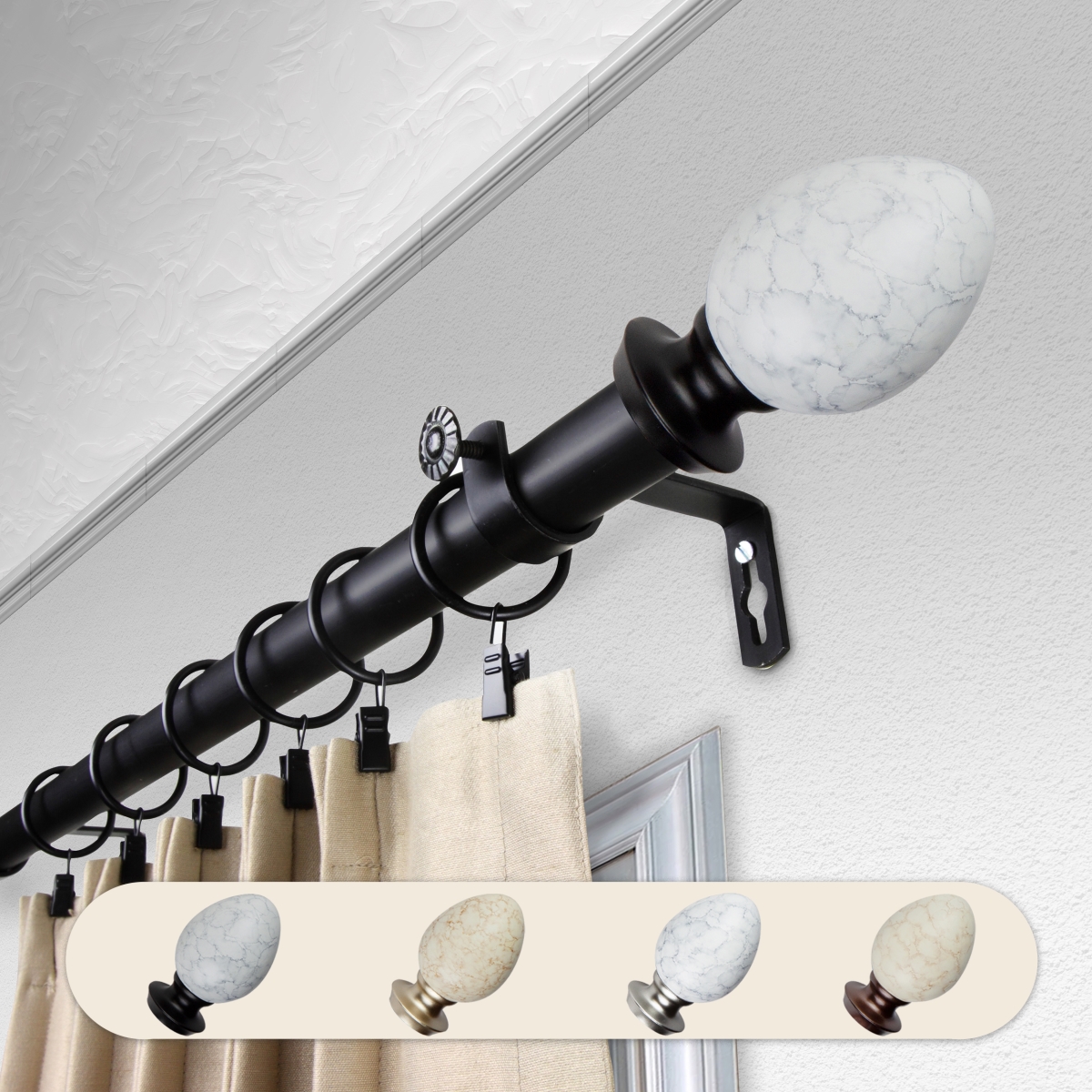 1 in. Dia. Afra Curtain Rod, Black - 28-48 in.