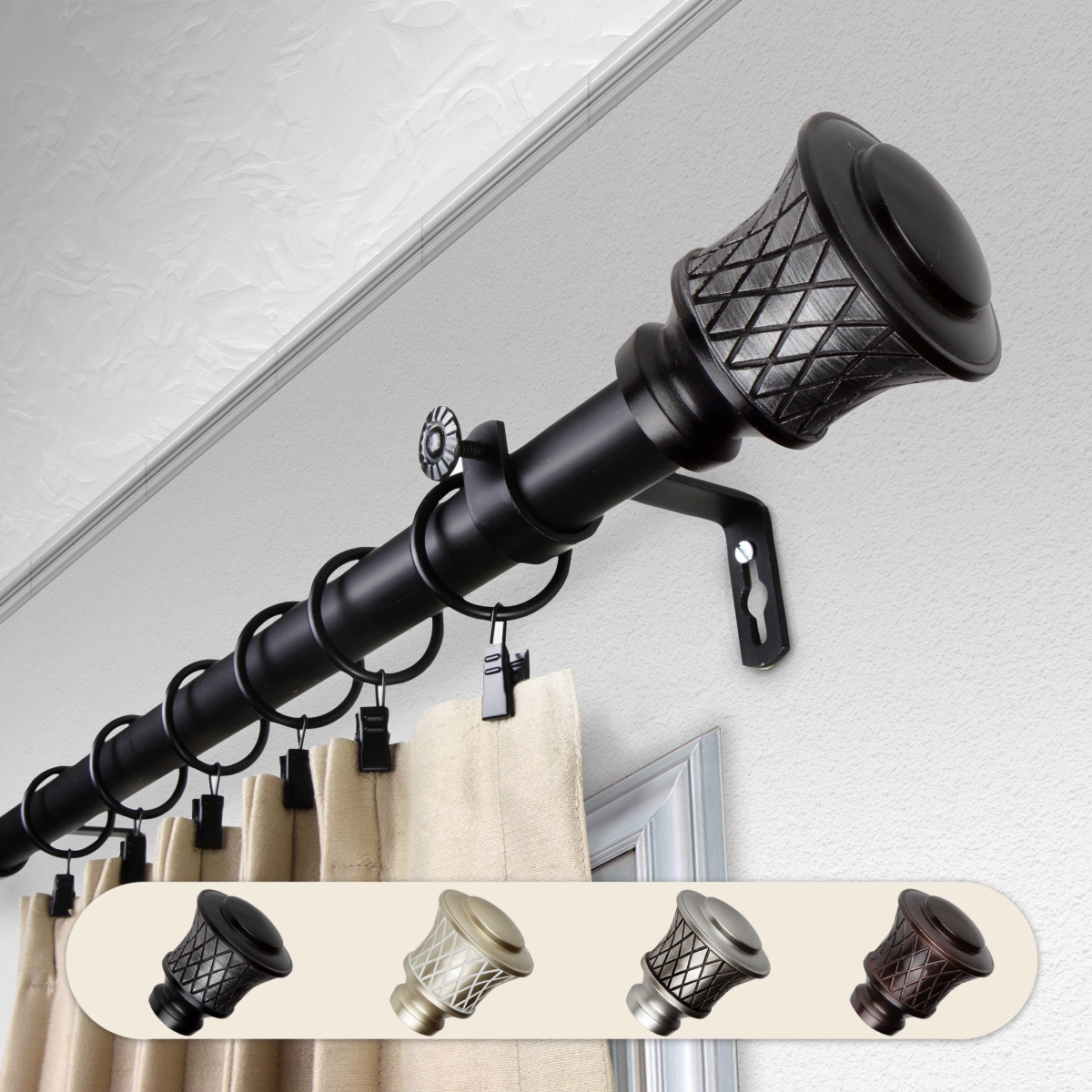 1 in. Dia. Alina Curtain Rod, Black - 28-48 in.