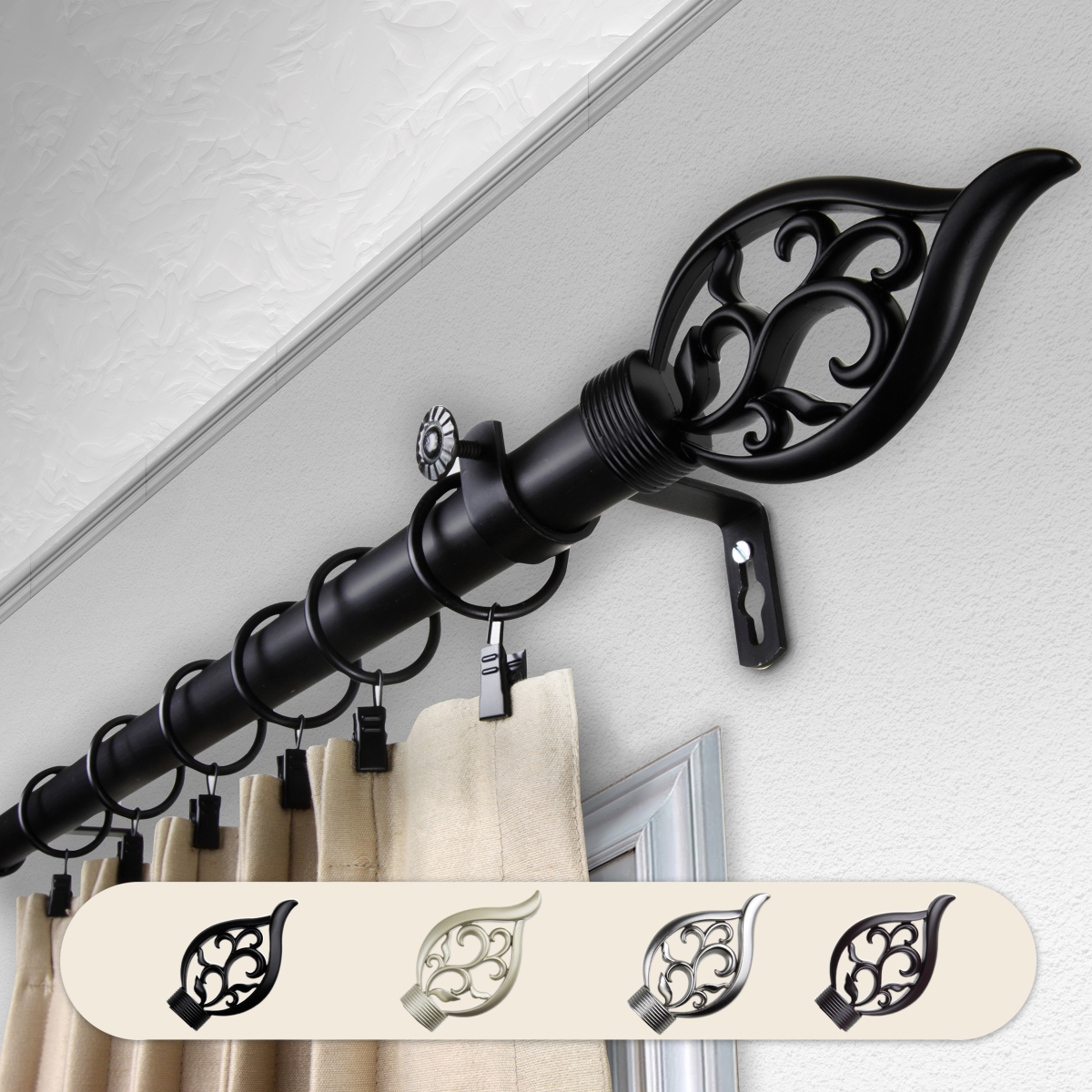 1 in. Dia. Clair Curtain Rod, Black - 66-120 in.