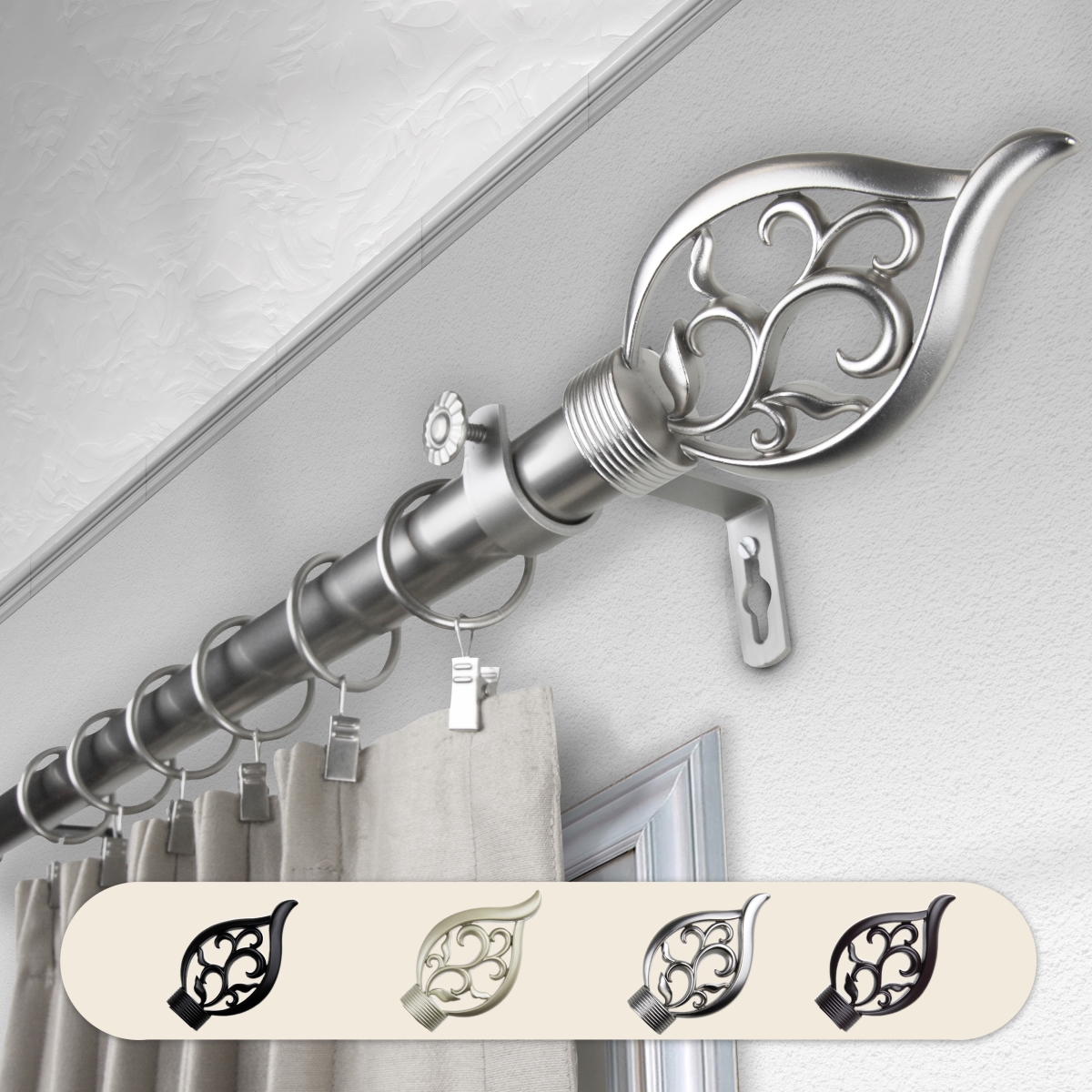1 in. Dia. Clair Curtain Rod, Satin Nickel - 48-84 in.