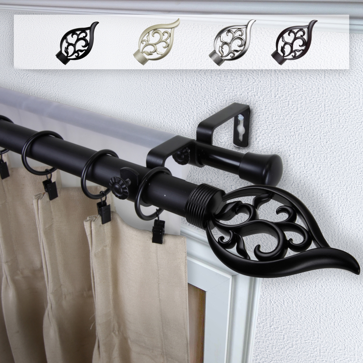 1 in. Dia. Clair Curtain Rod, Black - 48-84 in.