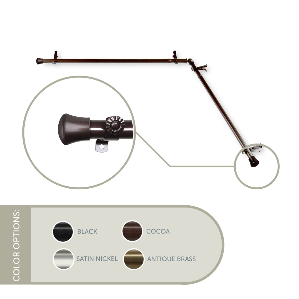 0.8125 in. Single Corner Curtain Rod with 28 to 48 in. Extension on Each Side, Cocoa