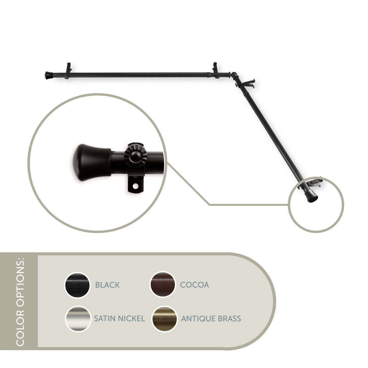CORNER-482 0.8125 in. Single Corner Curtain Rod with 48 to 84 in. Extension on Each Side, Black